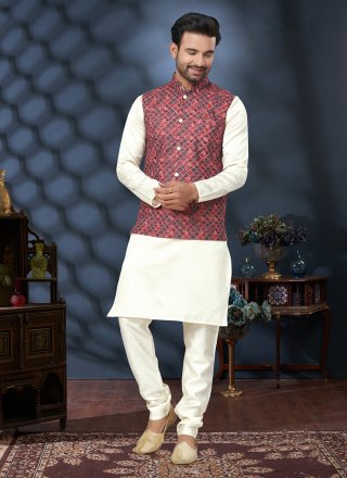 Multi Colour and Off White Cotton Kurta Payjama with Jacket with Digital Print and Thread Work