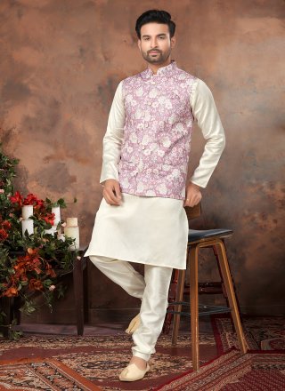Multi Colour and Off White Cotton Silk Digital Print, Sequins and Thread Work Kurta Payjama with Jacket