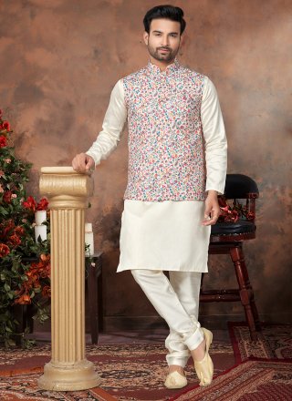 Multi Colour and Off White Cotton Silk Digital Print, Sequins and Thread Work Kurta Payjama with Jacket for Ceremonial
