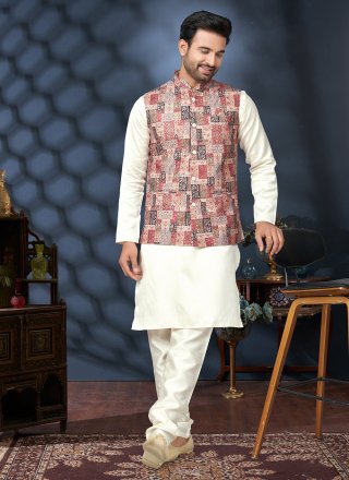 Multi Colour and Off White Digital Print and Thread Work Cotton Kurta Payjama with Jacket