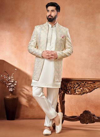 Multi Colour and Off White Embroidered Work Art Banarasi Silk Jodhpuri Suit
