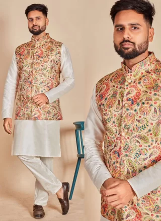 Multi Colour and Off White Silk Plain and Print Work Kurta Payjama with Jacket