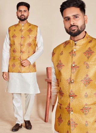 Multi Colour and Off White Silk Plain and Print Work Kurta Payjama with Jacket for Ceremonial