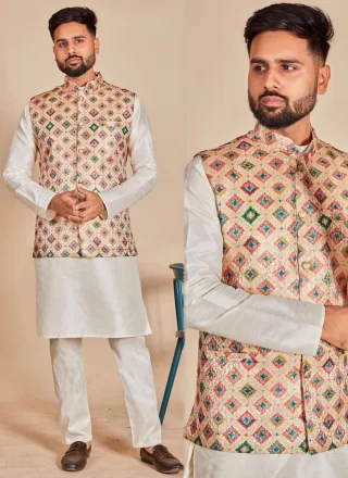 Multi Colour and Off White Silk Plain and Print Work Kurta Payjama with Jacket for Ceremonial
