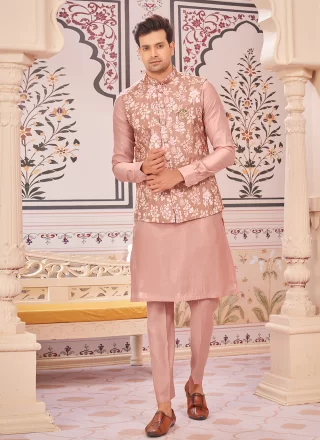 Multi Colour and Peach Art Silk Print Work Kurta Payjama with Jacket for Ceremonial