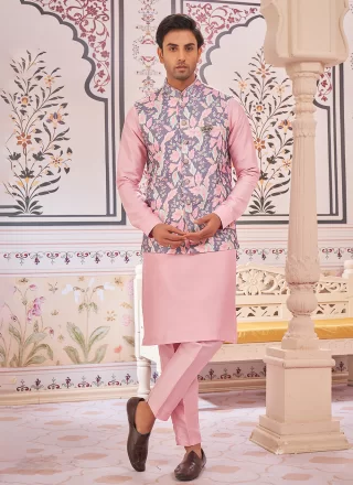 Multi Colour and Pink Art Silk Kurta Payjama with Jacket with Print Work