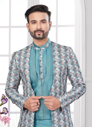 Multi Colour and Teal Banarasi Silk Machine Embroidery, Thread and Zari Work Sherwani Mens Wear for Men