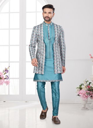 Multi Colour and Teal Banarasi Silk Machine Embroidery, Thread and Zari Work Sherwani Mens Wear for Men