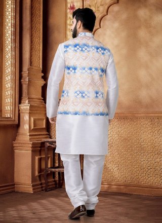 Multi Colour and White Cotton Foil Print Work Kurta Payjama with Jacket for Ceremonial