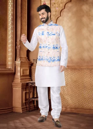 Multi Colour and White Cotton Foil Print Work Kurta Payjama with Jacket for Ceremonial