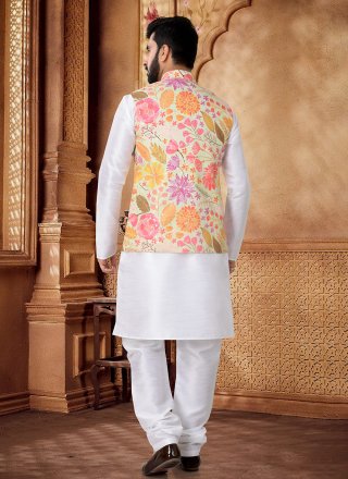 Multi Colour and White Cotton Kurta Payjama with Jacket with Foil Print Work for Men