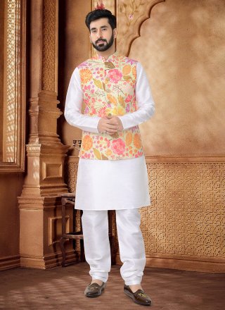 Multi Colour and White Cotton Kurta Payjama with Jacket with Foil Print Work for Men
