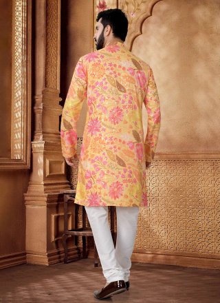Multi Colour and Yellow Cotton Kurta Pyjama with Foil Print Work for Men