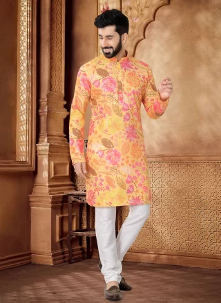 Multi Colour and Yellow Cotton Kurta Pyjama with Foil Print Work for Men