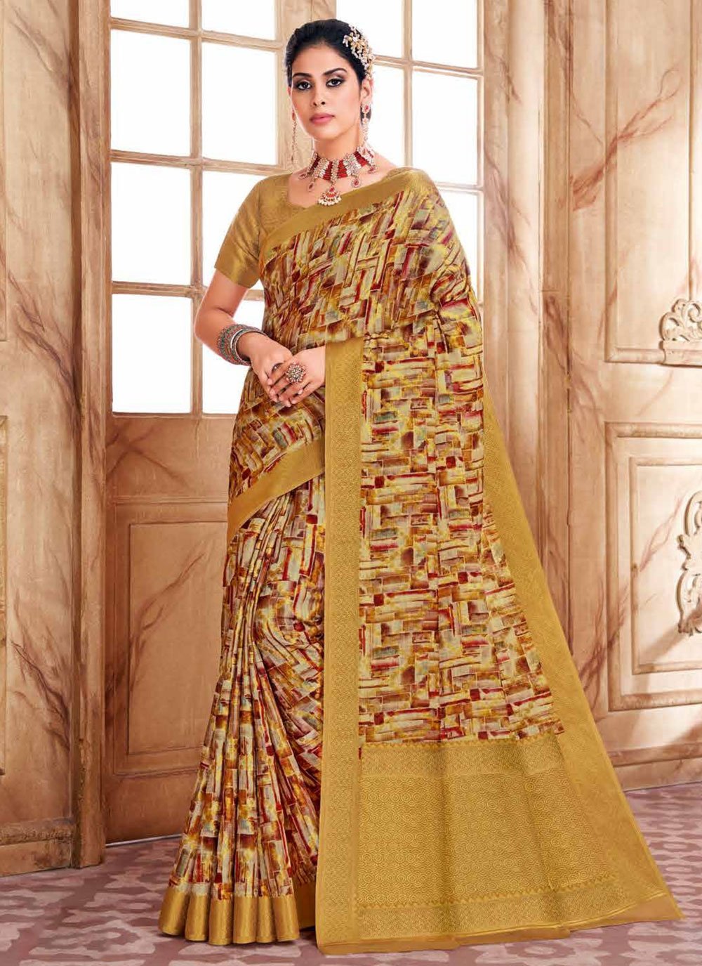 Buy Shaily Blue Checked Art Silk Saree with Unstitched Blouse online