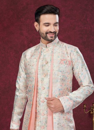 Multi Colour Banarasi Silk Digital Print and Machine Embroidery Work Sherwani Mens Wear