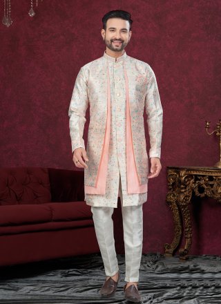 Multi Colour Banarasi Silk Digital Print and Machine Embroidery Work Sherwani Mens Wear