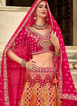Multi Colour Banarasi Silk Lehenga Choli with Cord, Embroidered, Sequins, Thread, Weaving and Zari Work