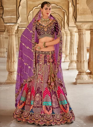 Multi Colour Banarasi Silk Lehenga Choli with Cord, Embroidered, Sequins, Thread, Weaving and Zari Work for Women