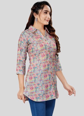 Multi Colour Blended Cotton Designer Kurti with Print Work for Casual