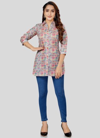 Multi Colour Blended Cotton Designer Kurti with Print Work for Casual