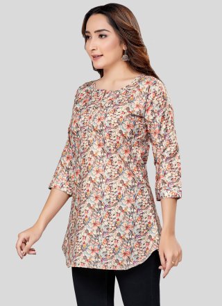 Multi Colour Blended Cotton Party Wear Kurti with Print Work for Casual
