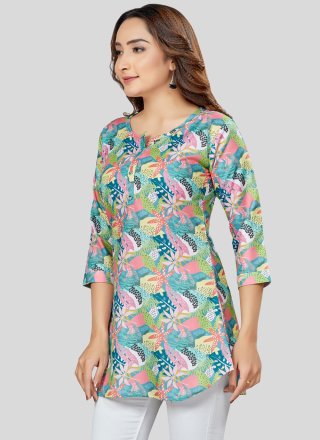 Multi Colour Blended Cotton Print Work Casual Kurti for Women