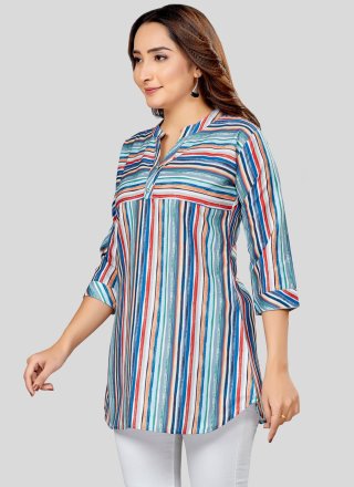 Multi Colour Blended Cotton Print Work Designer Kurti for Women