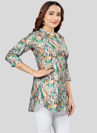 Multi Colour Blended Cotton Print Work Party Wear Kurti for Casual