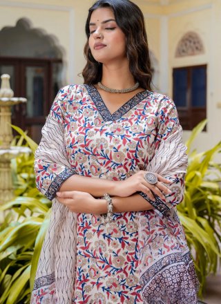 Multi Colour Blended Cotton Print Work Readymade Salwar Suit for Ceremonial