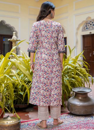 Multi Colour Blended Cotton Print Work Readymade Salwar Suit for Ceremonial