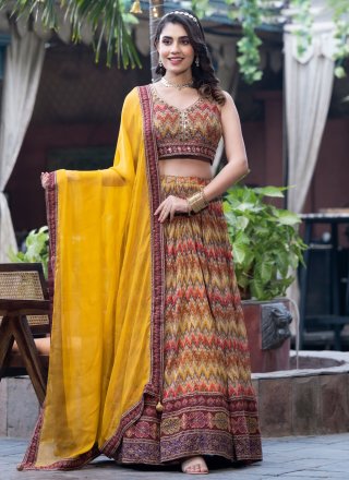 Multi Colour Chinon Digital Print, Embroidered and Sequins Work Readymade Lehenga Choli for Women