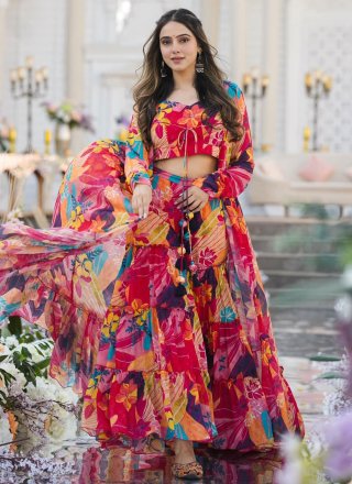 Multi Colour Chinon Digital Print Work Jacket Style Suit for Women