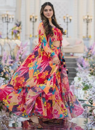 Multi Colour Chinon Digital Print Work Jacket Style Suit for Women