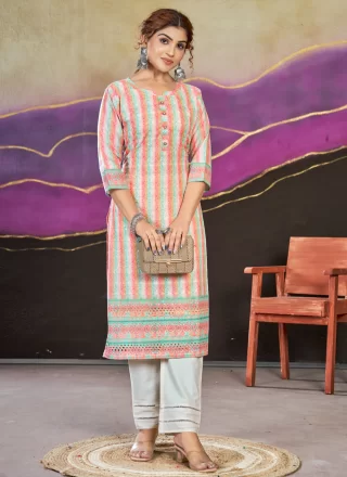 Multi Colour Cotton Designer Kurti with Digital Print and Lucknowi Work Work for Women