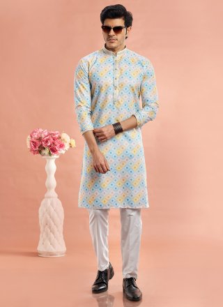 Multi Colour Cotton Digital Print and Thread Work Kurta Pyjama for Men