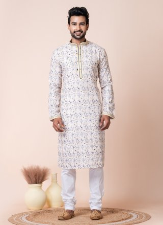 Multi Colour Cotton Kurta Pyjama with Print Work