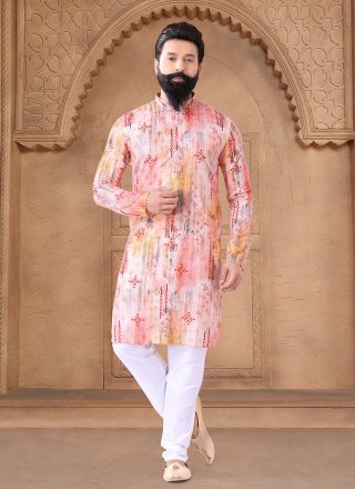 Multi Colour Cotton Kurta Pyjama with Print Work for Ceremonial