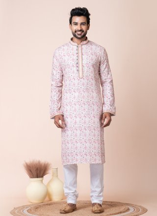 Multi Colour Cotton Kurta Pyjama with Print Work for Men
