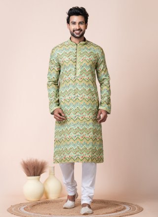 Multi Colour Cotton Kurta Pyjama with Print Work for Men