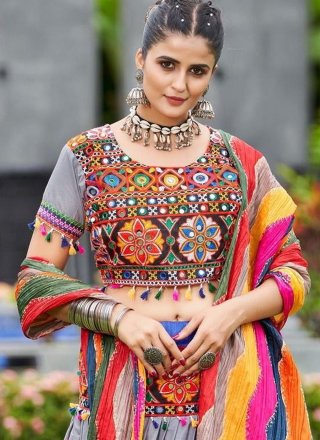 Multi Colour Cotton Readymade Lehenga Choli with Embroidered and Mirror Work