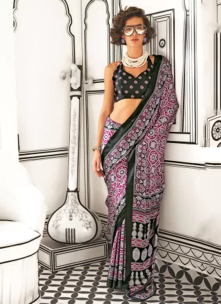 Multi Colour Crepe Silk Print Work Classic Sari for Women