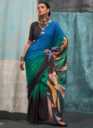 Multi Colour Crepe Silk Print Work Traditional Saree for Women