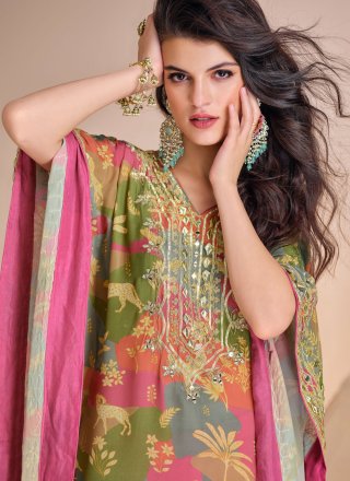 Multi Colour Crepe Silk Readymade Salwar Suit with Embroidered, Mirror, Print and Zari Work