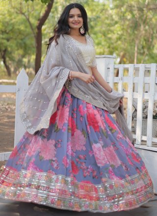 Multi Colour Digital Print, Embroidered, Sequins and Thread Work Faux Georgette Lehenga Choli