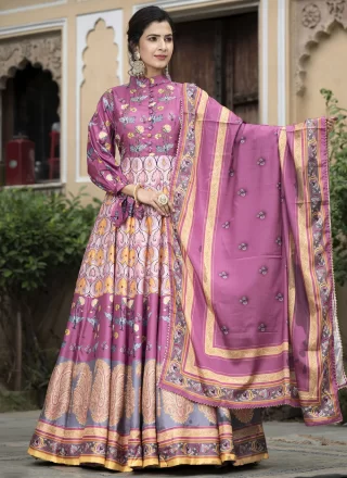 Multi Colour Digital Print Work Silk Gown