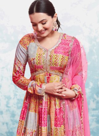Multi Colour Embroidered and Print Work Muslin Designer Gown