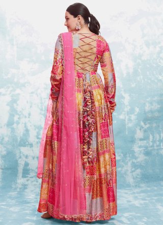 Multi Colour Embroidered and Print Work Muslin Designer Gown