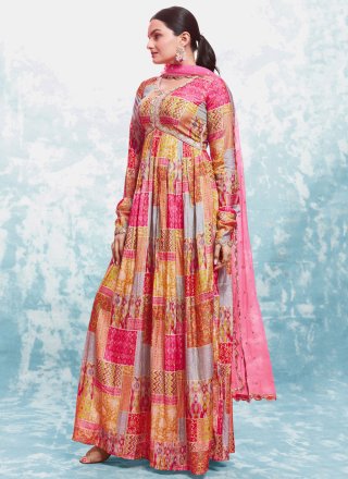 Multi Colour Embroidered and Print Work Muslin Designer Gown