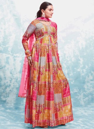 Multi Colour Embroidered and Print Work Muslin Designer Gown